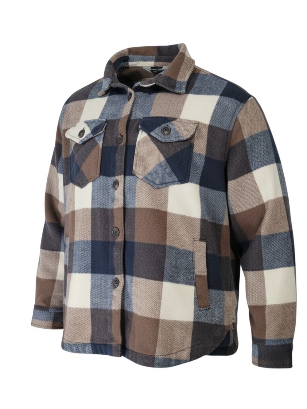 Womens Plaid Button-Front Shacket Jacket in Navy & Brown - Size M